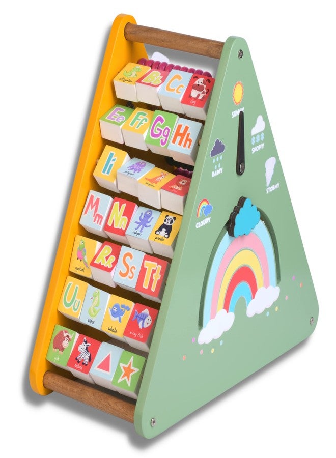 The Funny Mind 7-in-1 Wooden Activity Triangle for Kids & Toddlers | Educational Learning Toy with Abacus, Gears, Clock, Weather & Alphabets | Montessori-Inspired Activity Toy - Image 1